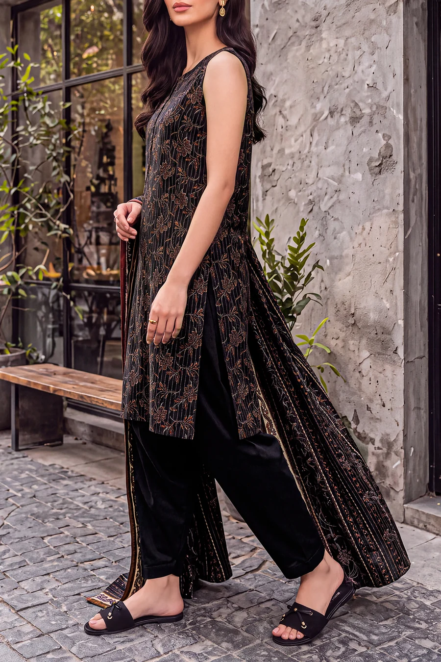 SAYA Premium Printed Khaddar Unstitched 3-Piece Suit – Black (Winter Collection) - Image 2