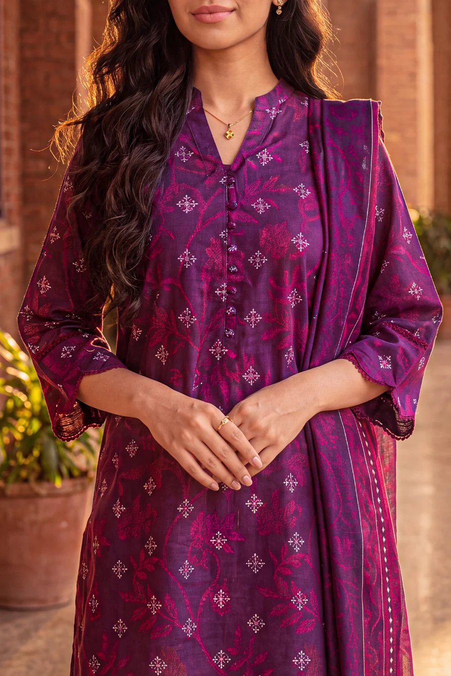 SAYA Premium Printed Khaddar Unstitched 3-Piece Suit – Plum (Winter Collection) - Image 2