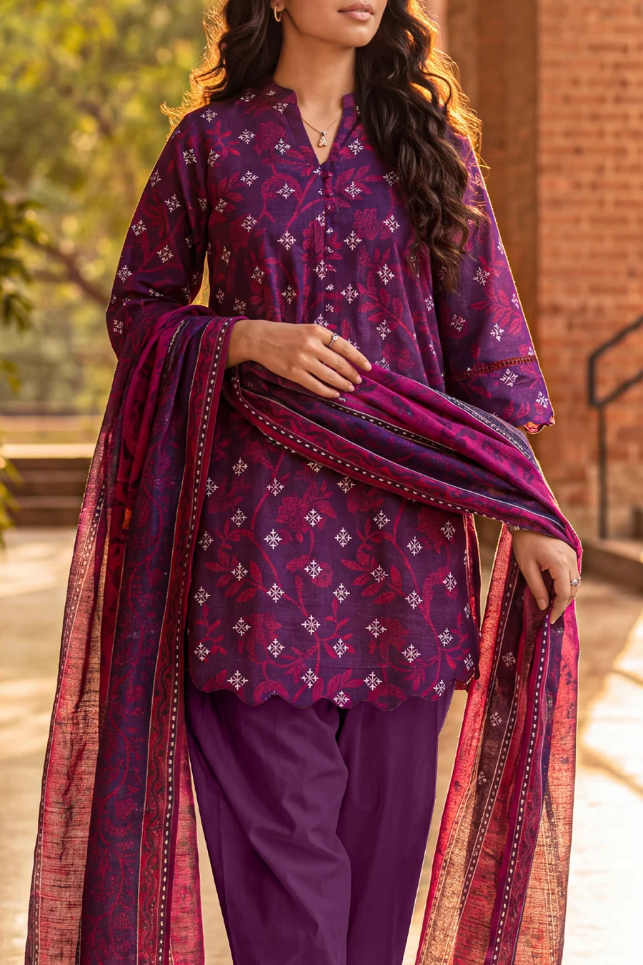 SAYA Premium Printed Khaddar Unstitched 3-Piece Suit – Plum (Winter Collection) - Image 3