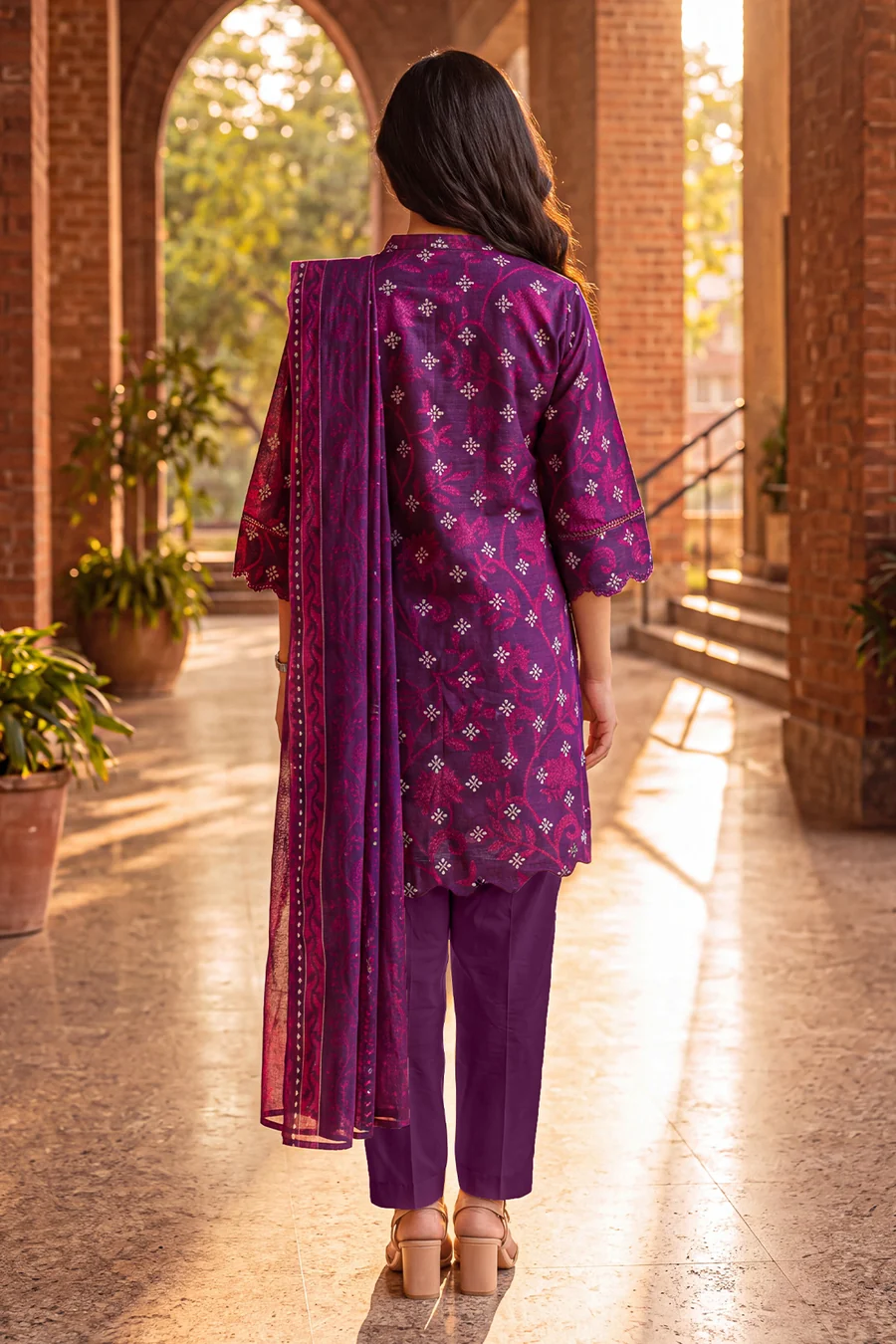 SAYA Premium Printed Khaddar Unstitched 3-Piece Suit – Plum (Winter Collection) - Image 4