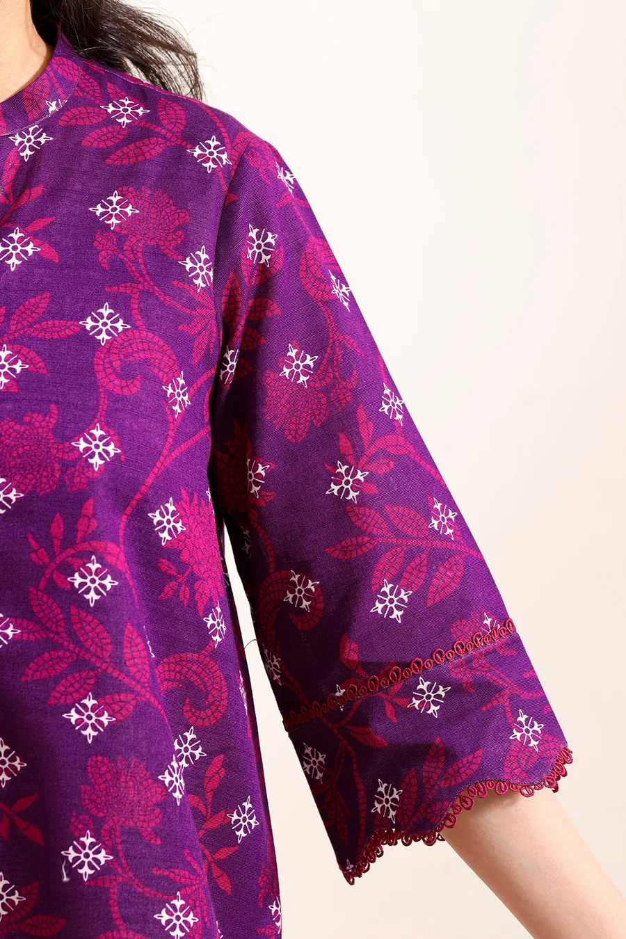 SAYA Premium Printed Khaddar Unstitched 3-Piece Suit – Plum (Winter Collection) - Image 5