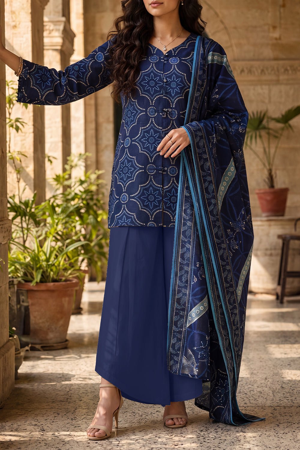 SAYA Premium Printed Cotton Khaddar 3-Piece Suit – Dark Blue