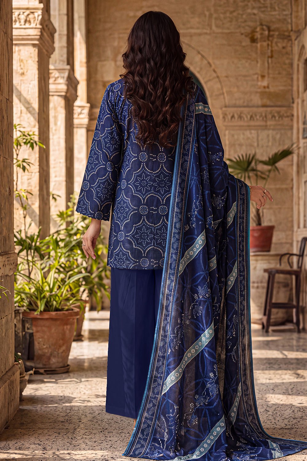 SAYA Premium Printed Cotton Khaddar 3-Piece Suit – Dark Blue - Image 2